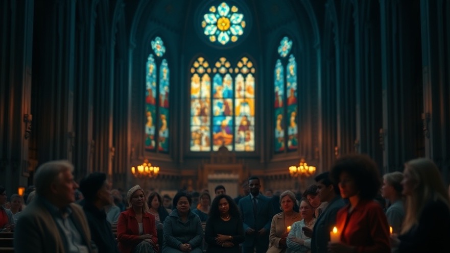 A diverse group in a grand church, embodying faith and hope amidst the exploration of Christian nationalism.