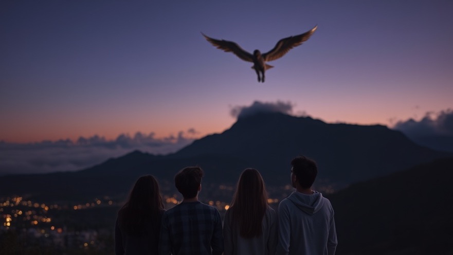 Group of friends at dusk seeking spiritual assistance under angelic presence.