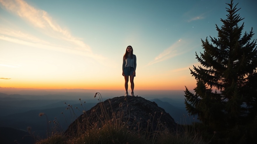 A serene woman on a mountain at dusk, embodying 'beauty for ashes' and the 'joy of the Lord'.