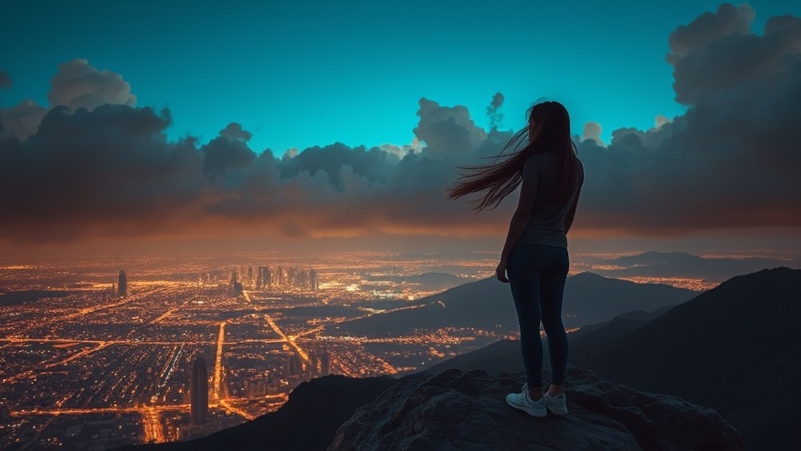 Young prophetic believer gazing over city at dusk, embodying personal breakthroughs.