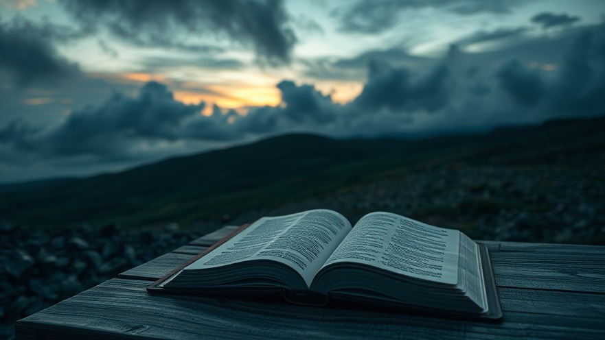 An open Bible on a weathered table amidst a dramatic sky, embodying spiritual warfare and faith.