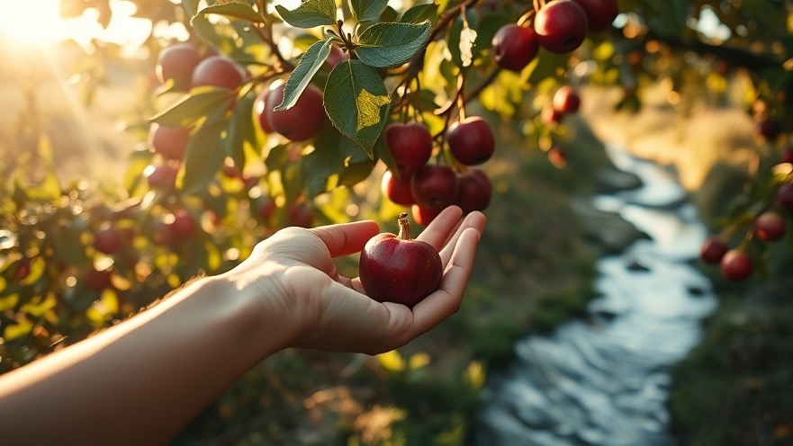 A serene garden scene embodying the Fruits of the Spirit, with ripe fruit and gentle light.