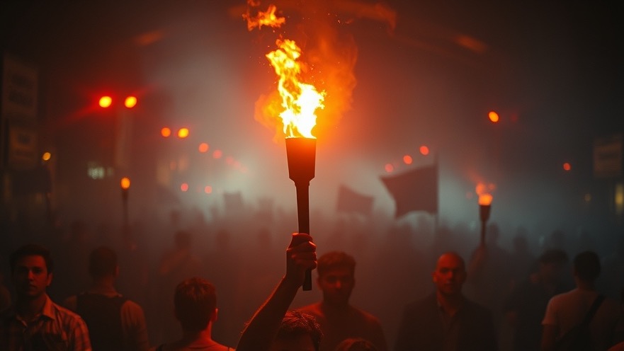 Cinematic scene of spiritual warfare showing intercession with a torch amidst a crowd.