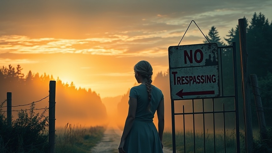 A woman stands vigilant at dawn before a weathered gate, embodying spiritual warfare and prophetic insights.