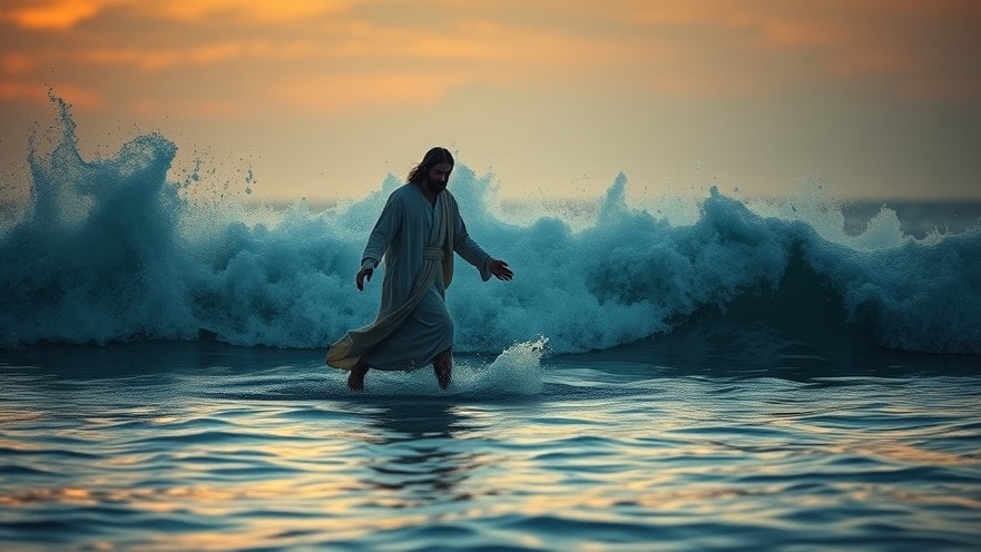 Jesus walking on water at dawn, embodying faith impacts health and divine healing.