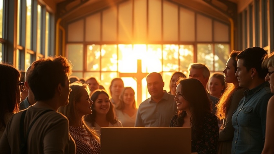 Diverse group in radiant building, showcasing prophetic ministry and unity in faith.