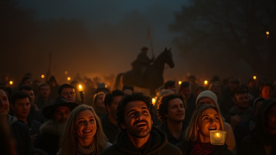 Enthusiastic crowd illuminated, inspired by Paul Revere's prophetic movement.
