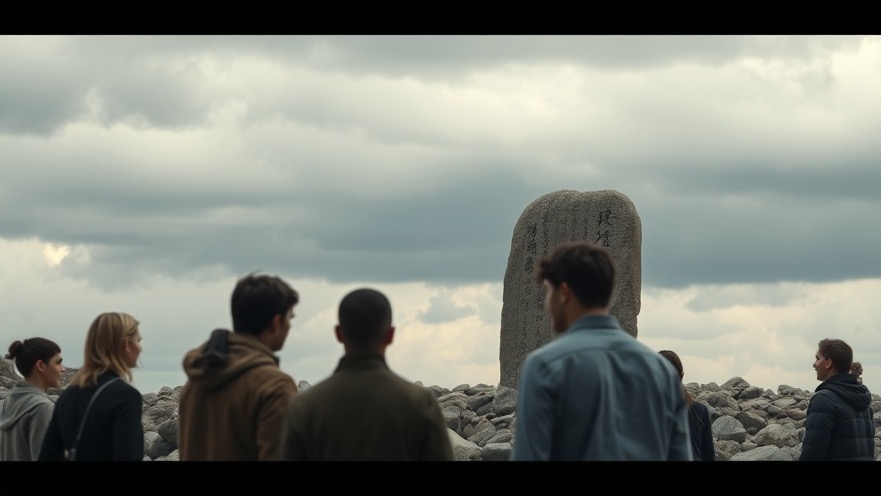 Group of faith-driven believers discussing spiritual symbols near an ancient stone.