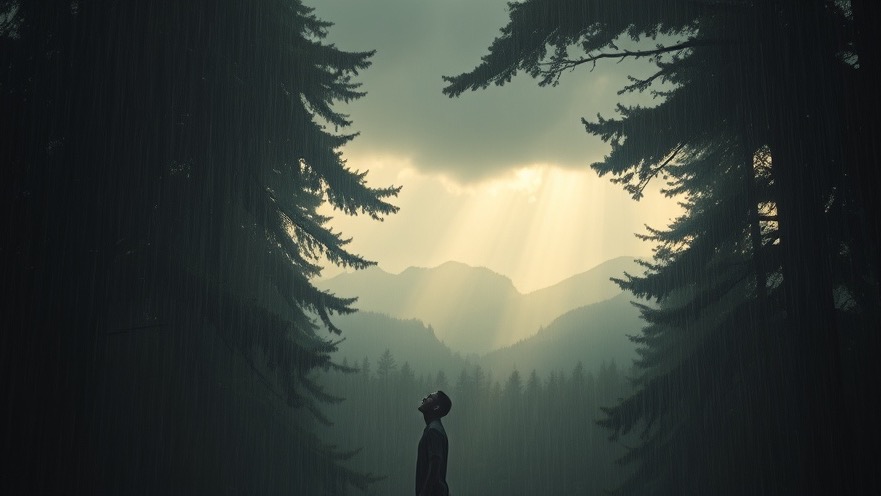 A person embracing the rain in a majestic forest, capturing the outpouring of the Holy Spirit.