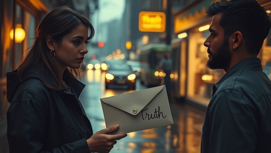 A young couple in a rain-kissed urban street exchanges a letter marked 'Truth' amid a prophetic setting.