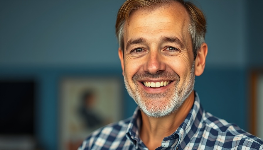 Mature man smiling confidently, Mega Grace Mega Power, blue background.