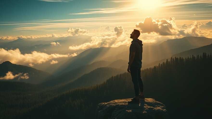 A figure at a cliff's edge embodies spiritual fulfillment, evoking prophetic words of revival.