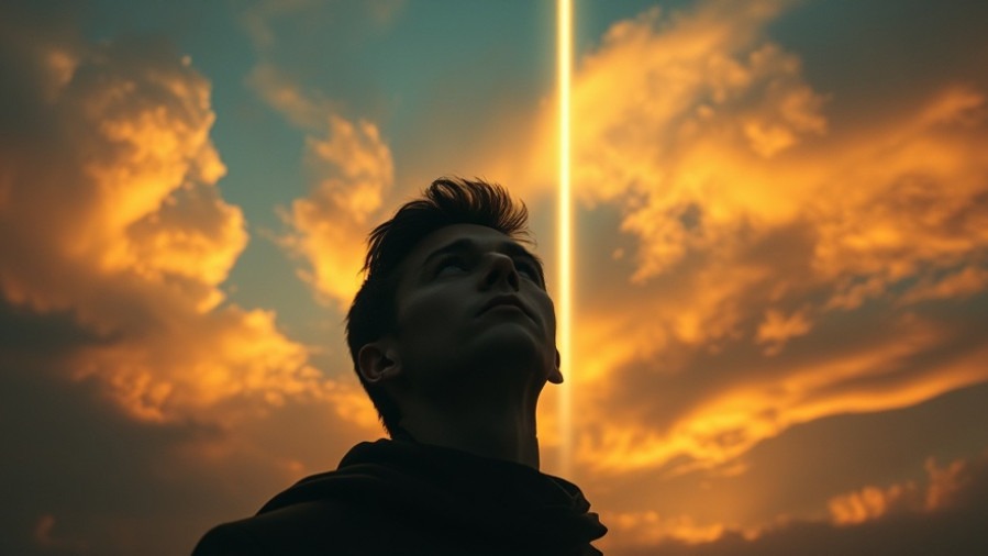 Intense figure experiencing prophetic word amidst dramatic sky's revival hues.