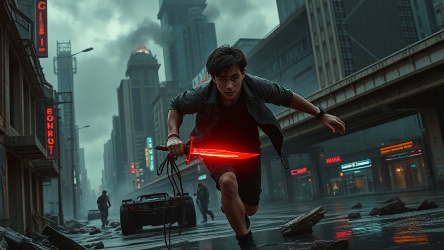 A determined young adult navigates a dystopian city, wielding a fiery dagger symbolizing a spiritual breakthrough.