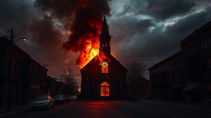 A burning church symbolizes spiritual warfare amidst cultural turmoil, invoking revival and prayer.