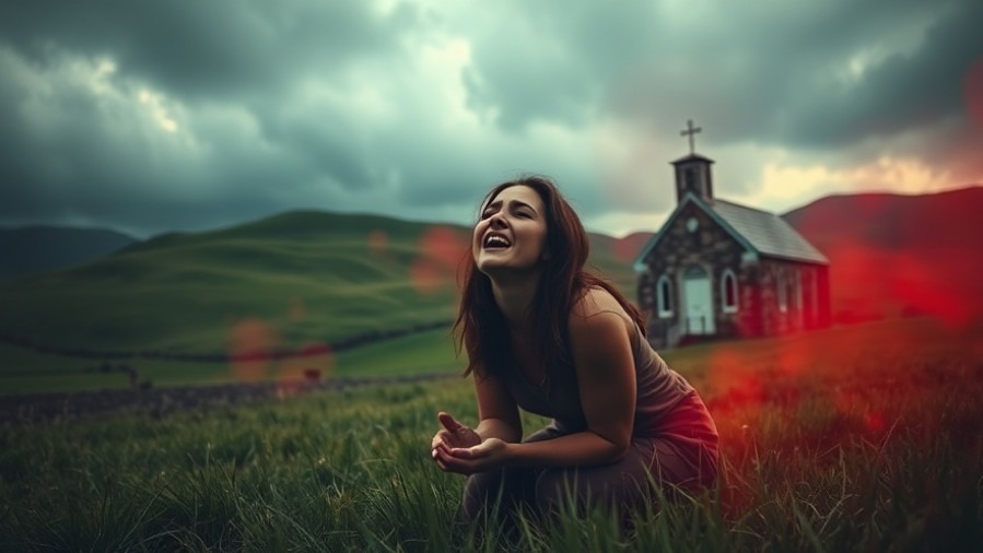 A woman kneels in prayer by a countryside church, embodying revival and faith.