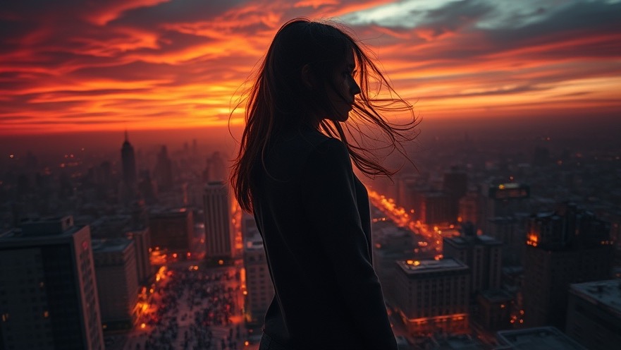 A girl gazes over a chaotic city, embodying prophetic insights amid global unrest.