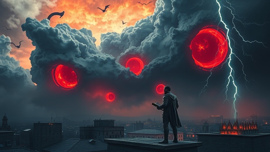Spiritual warfare scene with a watchman facing demonic influences beneath a torn sky.