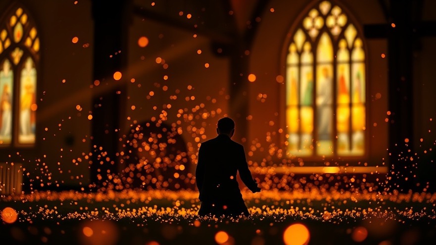 Kneeling in prayer amidst fireflies, embracing spiritual warfare and personal breakthrough.