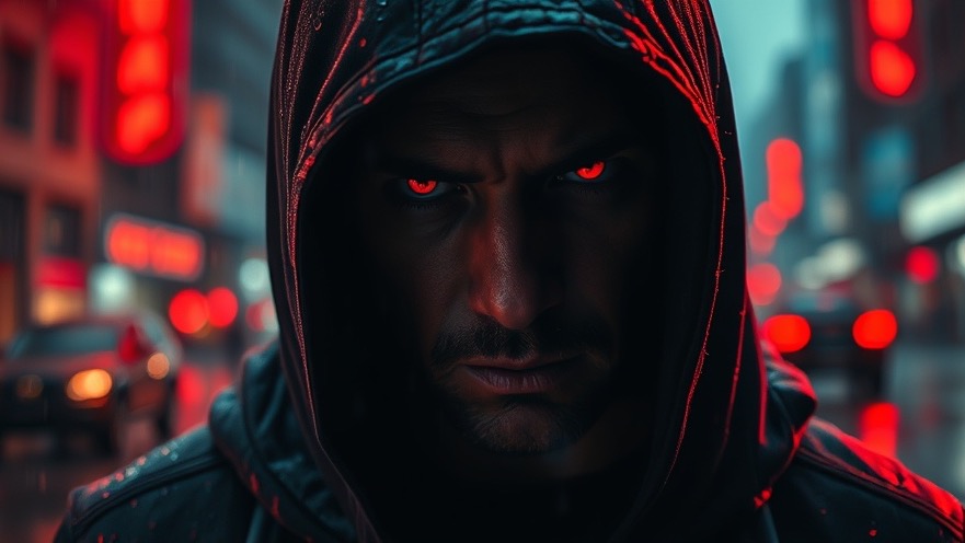 Mysterious hooded figure with red glowing eyes in a rain-soaked urban scene, embodying prophetic believers' intensity.