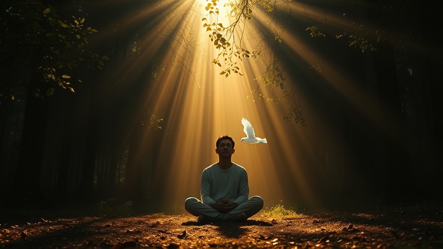 Prophetic believers in unity with the Spirit, deep stillness in a sacred forest.
