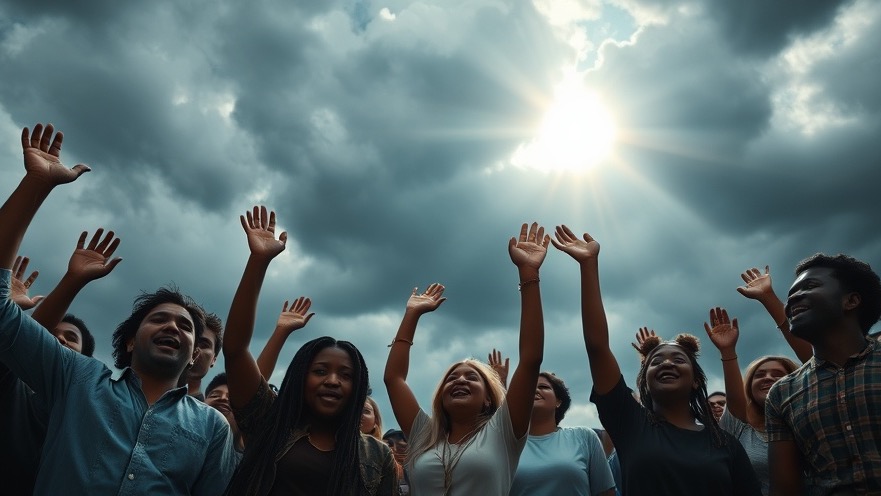 Diverse group united in spiritual authority, joy, and hope under divine light.