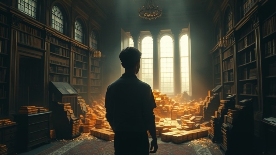 Young man gazes at shimmering wealth in an ancient study, evoking prosperity and stewardship.