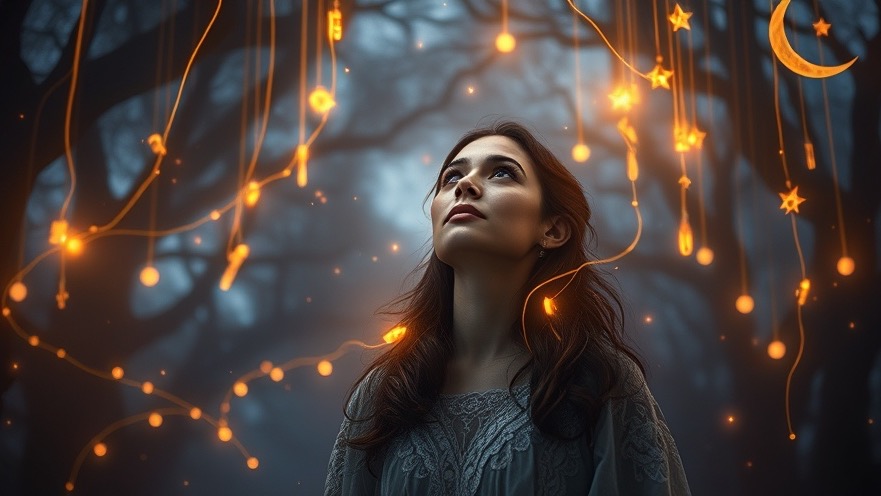Radiant woman in a mystical twilight dreamscape exploring dream interpretation.