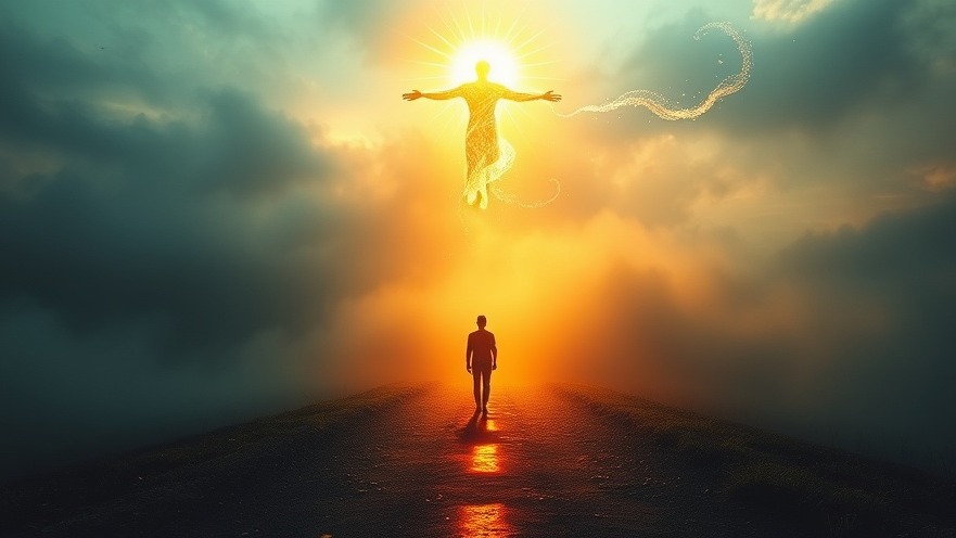 A person at a crossroads, guided by the Holy Spirit, choosing between light and darkness.