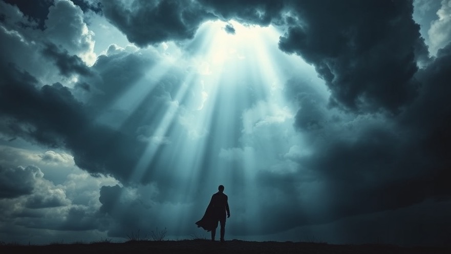 A solitary figure under dramatic storm clouds, reflecting on weather modification and divine authority.