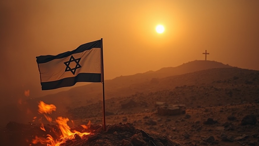 Scorched Israeli hillside with flag and cross, symbolizing Replacement Theology and resilience.
