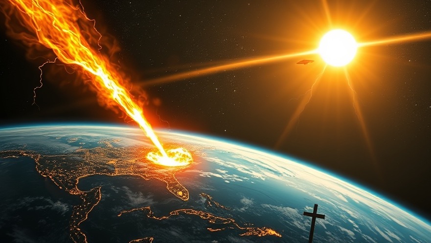 Cinematic Earth with solar flare, tornadoes, UFOs, and prophetic symbols reflecting biblical prophecy.