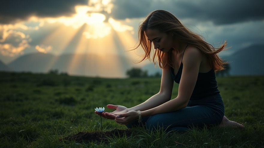 A young woman kneels in prayer on a green pasture, embodying the power of prayer and personal breakthrough.