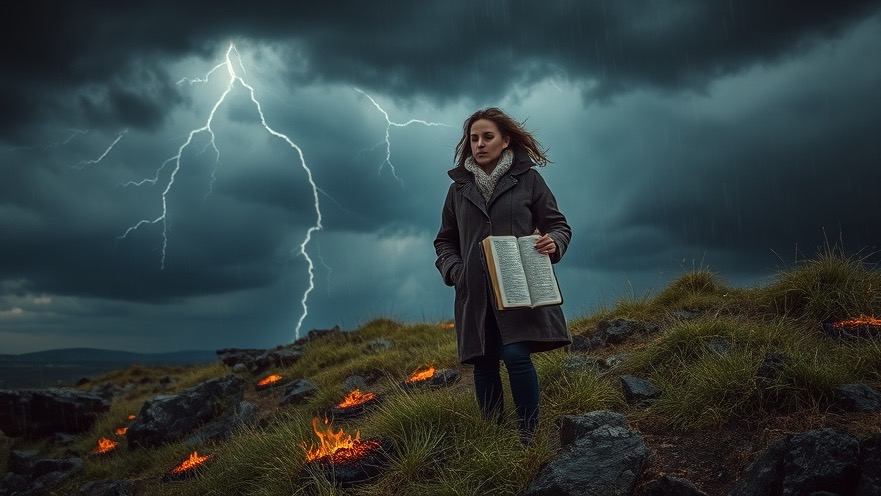 A woman stands firm on a hill with an open Bible, embodying purity in faith amid a storm.