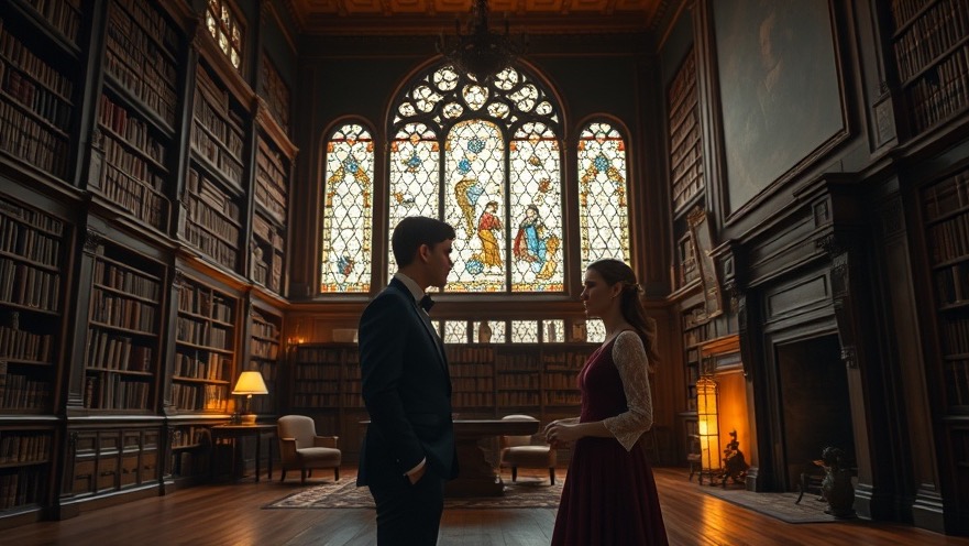 Elegant couple in Victorian library discussing Rick Renner's spiritual warfare.