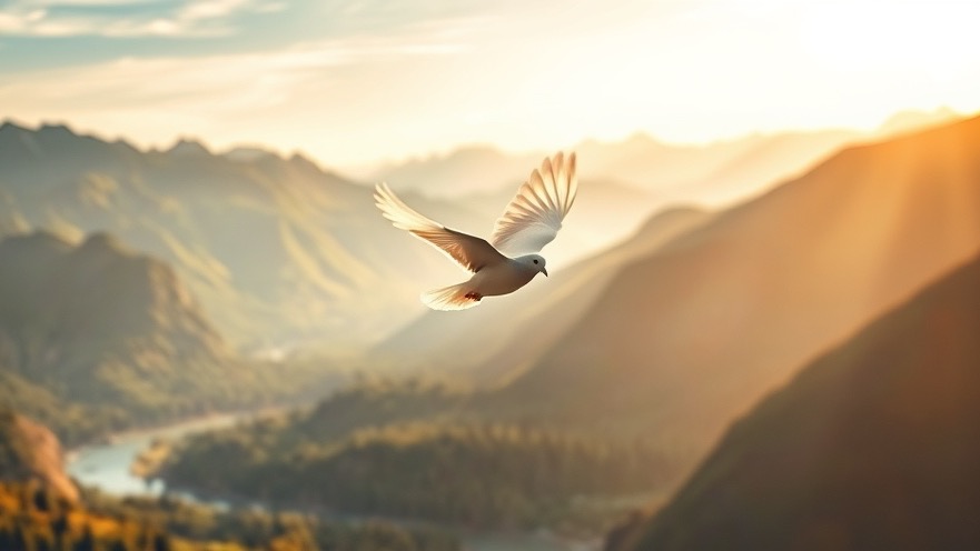 A dove soaring over majestic mountains symbolizes peace and personal breakthroughs in spiritual warfare.