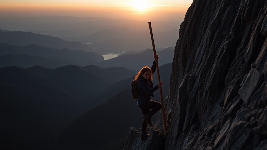 A young woman climbs a rocky mountain at dawn, embodying spiritual warfare and personal testimony.