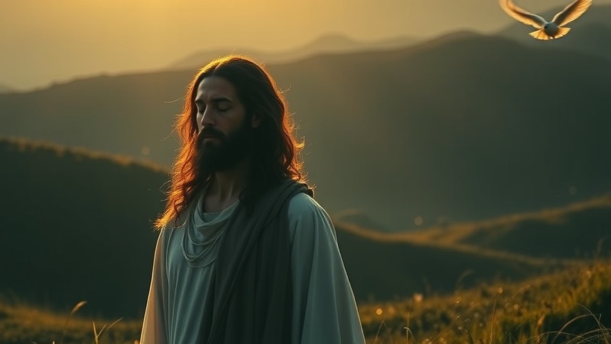 Jesus in dawn light, embodying fruits of the spirit, living in divine grace.