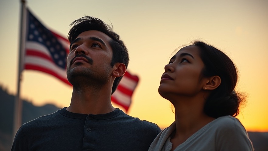 Two individuals praying for the power of prayer to protect America, with a backdrop of the American flag and a sunrise.