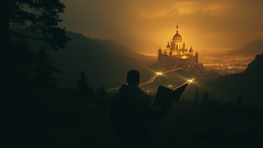 A traveler with an open Bible walks from shadows to a radiant kingdom, embodying faith-driven business principles.
