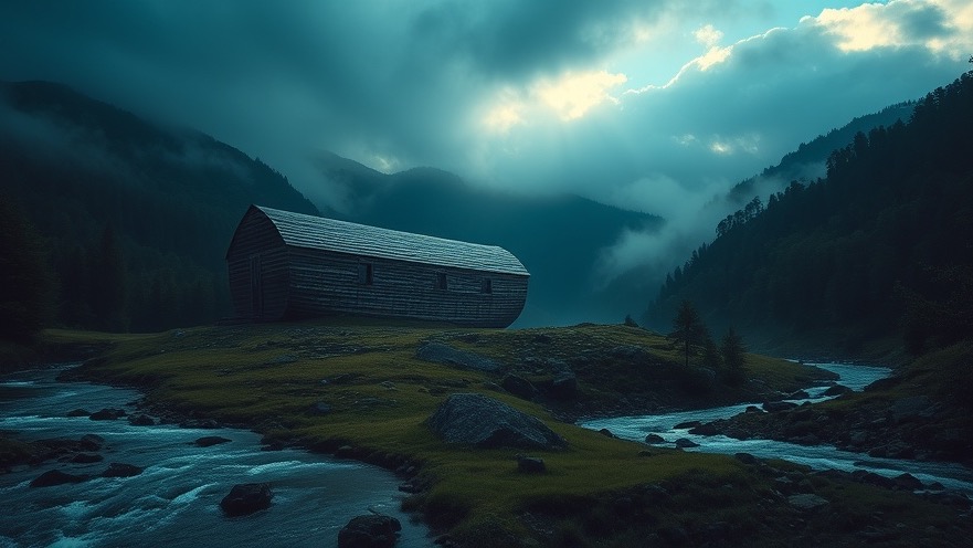 Ancient ark in serene landscape, evoking Days of Noah and biblical prophecy.