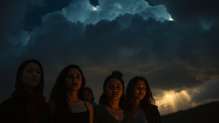 Group of friends in spiritual warfare, reflecting on end-time prophecies under a dramatic sky.