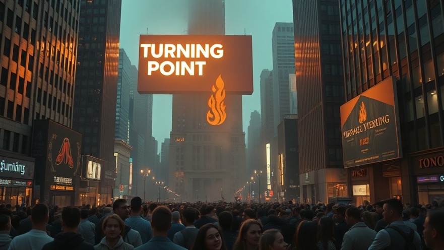 Crowd gathered at dawn in city square, illuminated by 'TURNING POINT' sign, symbolizing revival.