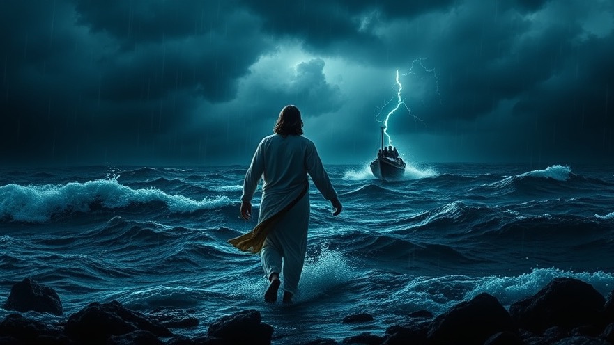 Jesus walks on stormy waters, symbolizing prophetic insights in spiritual awakening.