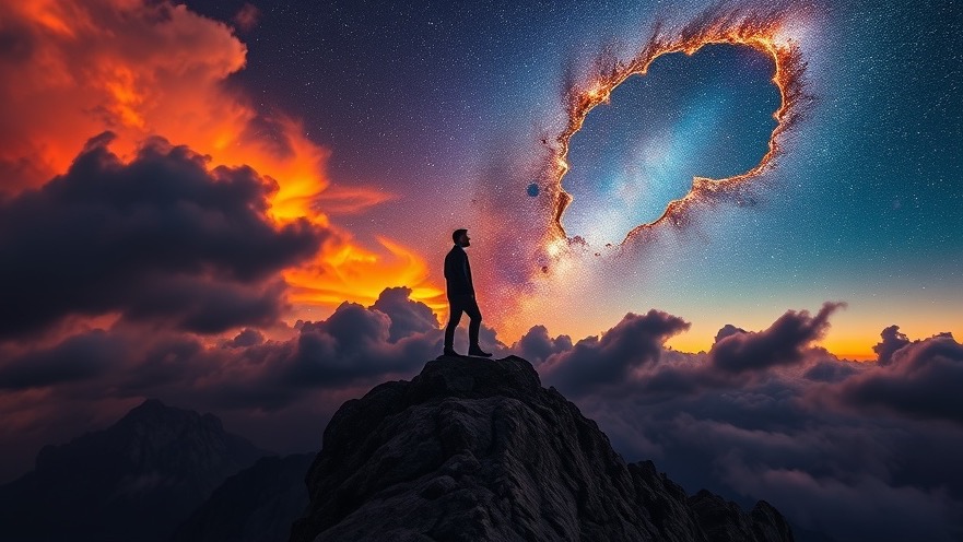 A man on a mountain embodies Miracles and Healings at dusk, with cosmic beauty.