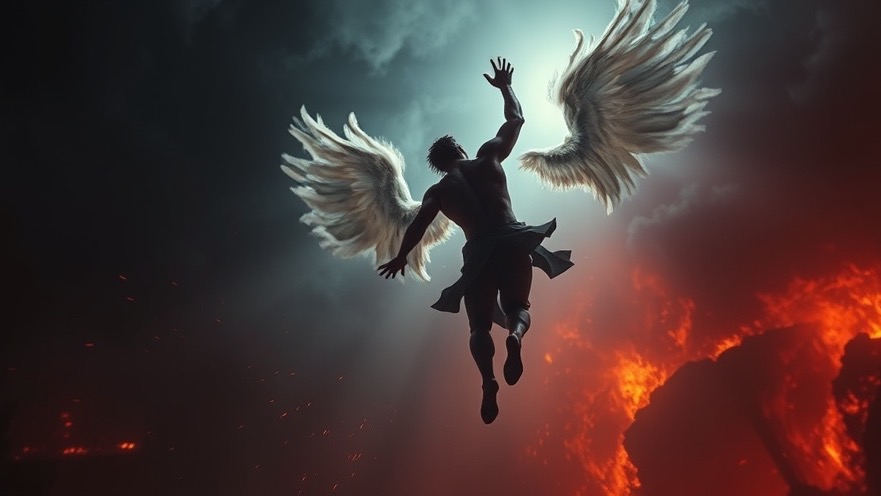 Lucifer's fall from heaven in a cosmic battle, embodying spiritual warfare.