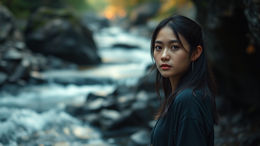 A young woman stands by a serene stream, reflecting spiritual healing and faith.