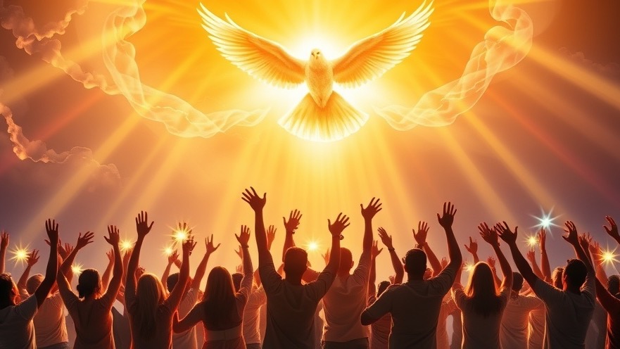 Diverse believers on mountaintop, activated gifts of the Holy Spirit in radiant light.