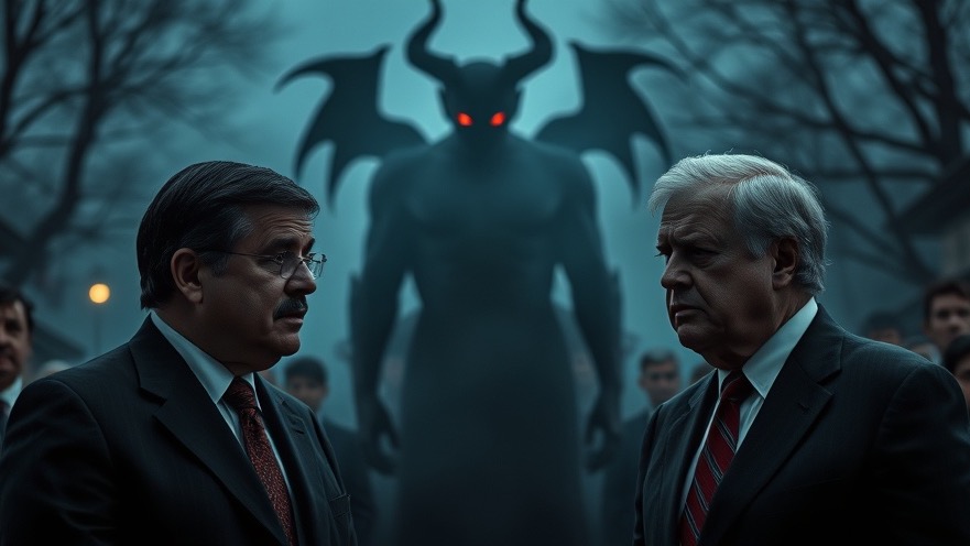 Spiritual warfare depicted in a tense debate with a looming devilish figure; Mario Murillo's insights.