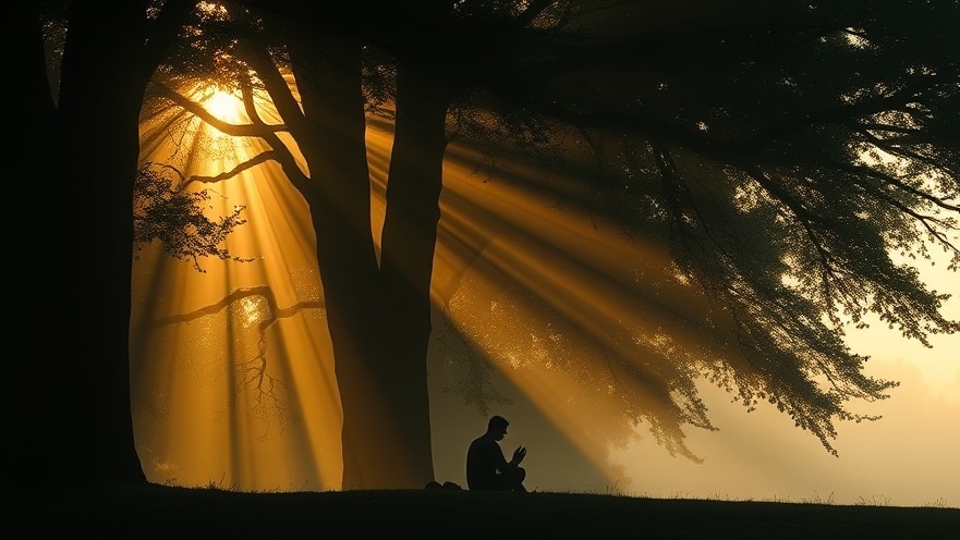 Person praying in serene nature, embracing identity in Christ and spiritual warfare.